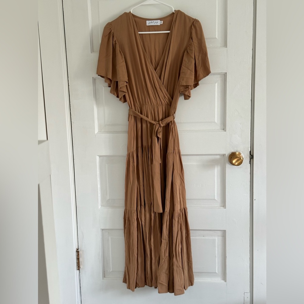 Neutral Brown Tiered Maxi Wrap Dress with Waist Tie